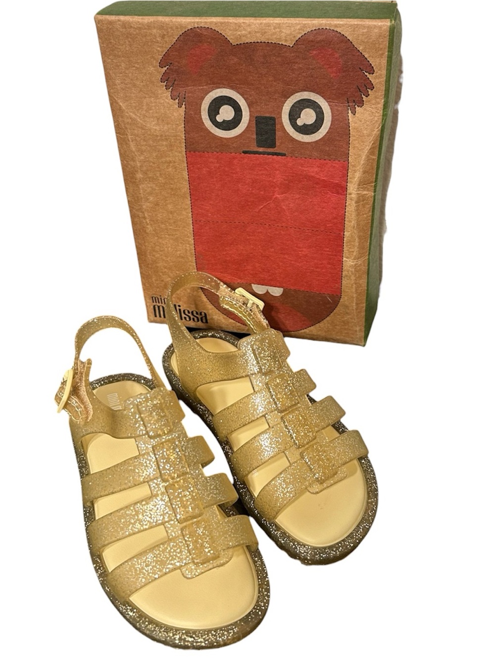 Mini Melissa Girls Gold/Yellow Glitter Jelly Open Toe Hook & Loop Size 9 Toddler